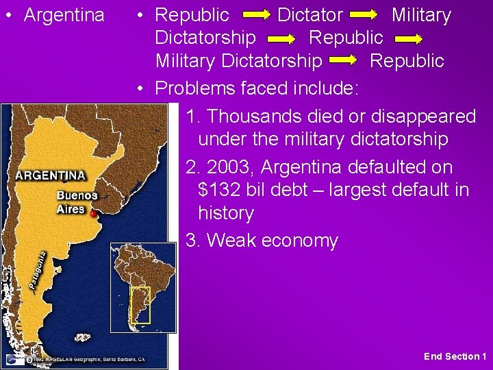  • Argentina • Republic Dictator Military Dictatorship Republic • Problems faced include: 1.