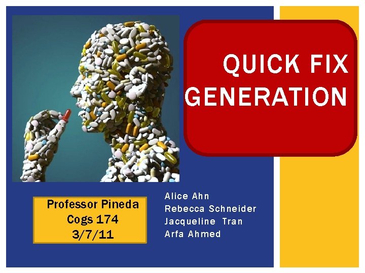 QUICK FIX GENERATION Professor Pineda Cogs 174 3/7/11 Alice Ahn Rebecca Schneider Jacqueline Tran