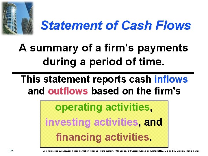 Statement of Cash Flows A summary of a firm’s payments during a period of