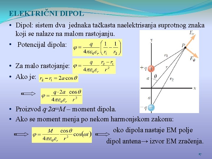 ELEKTRIČNI DIPOL • Dipol: sistem dva jednaka tačkasta naelektrisanja suprotnog znaka koji se nalaze