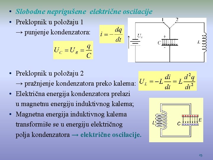  • Slobodne neprigušene električne oscilacije • Preklopnik u položaju 1 → punjenje kondenzatora: