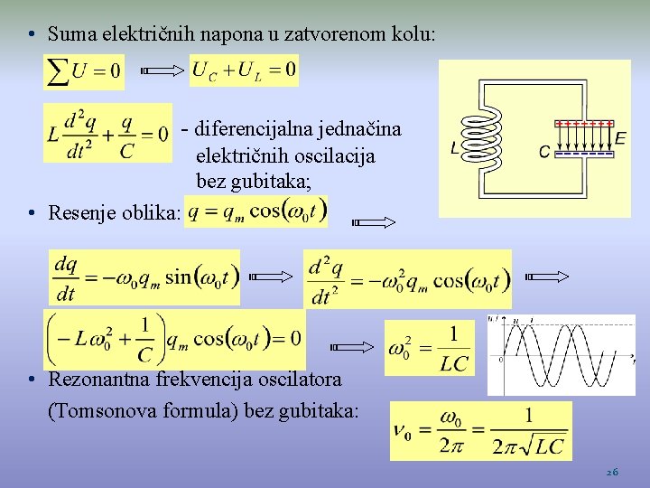  • Suma električnih napona u zatvorenom kolu: - diferencijalna jednačina električnih oscilacija bez