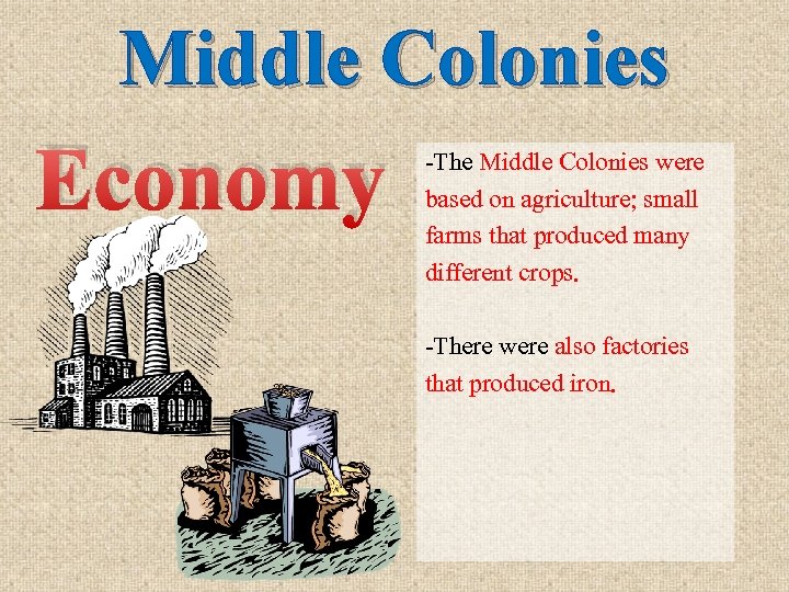 Middle Colonies Economy -The Middle Colonies were based on agriculture; small farms that produced