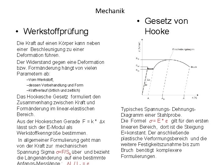 Mechanik • Werkstoffprüfung • Gesetz von Hooke Die Kraft auf einen Körper kann neben