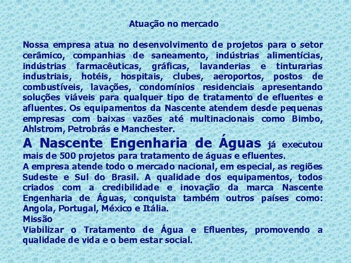 Atuação no mercado Nossa empresa atua no desenvolvimento de projetos para o setor cerâmico,