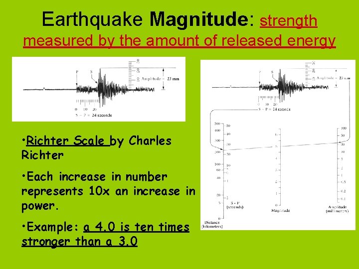 Earthquake Magnitude: strength measured by the amount of released energy • Richter Scale by