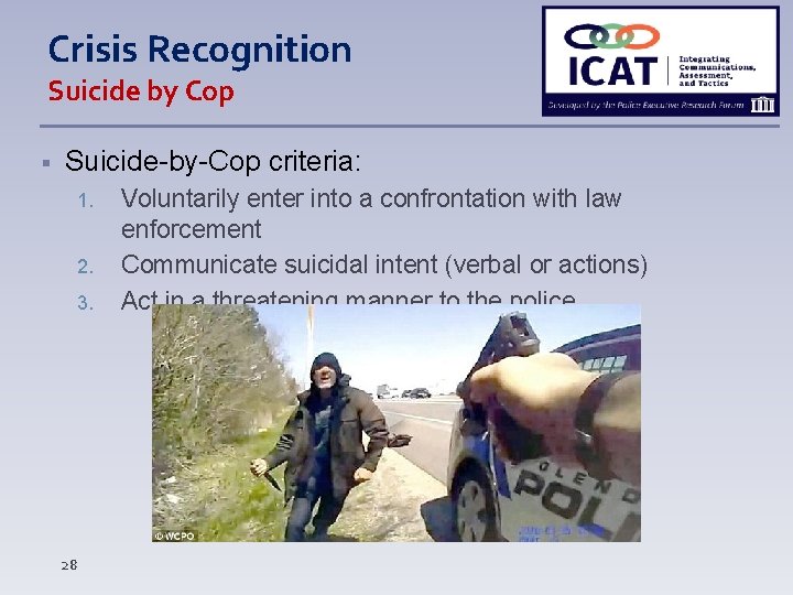 Crisis Recognition Suicide by Cop Suicide-by-Cop criteria: 1. 2. 3. 28 Voluntarily enter into
