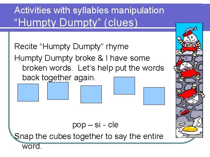 Activities with syllables manipulation “Humpty Dumpty” (clues) Recite “Humpty Dumpty” rhyme Humpty Dumpty broke
