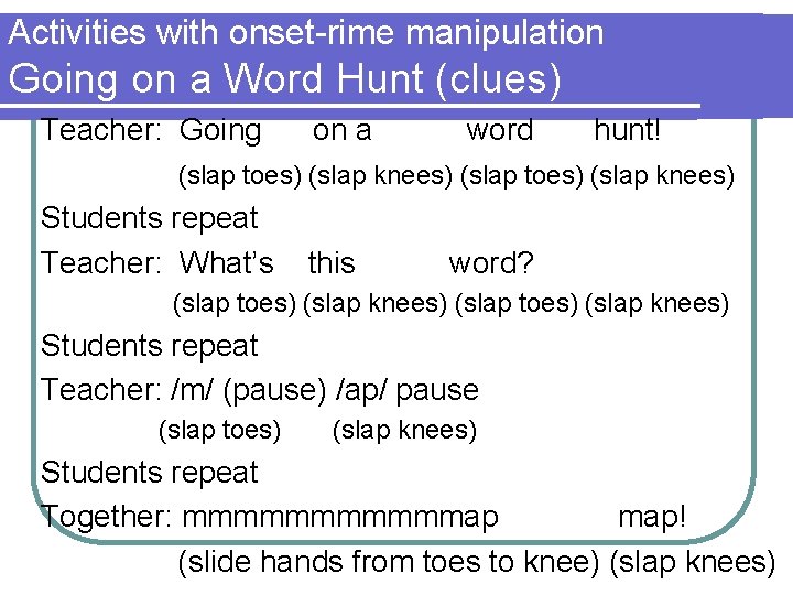Activities with onset-rime manipulation Going on a Word Hunt (clues) Teacher: Going on a
