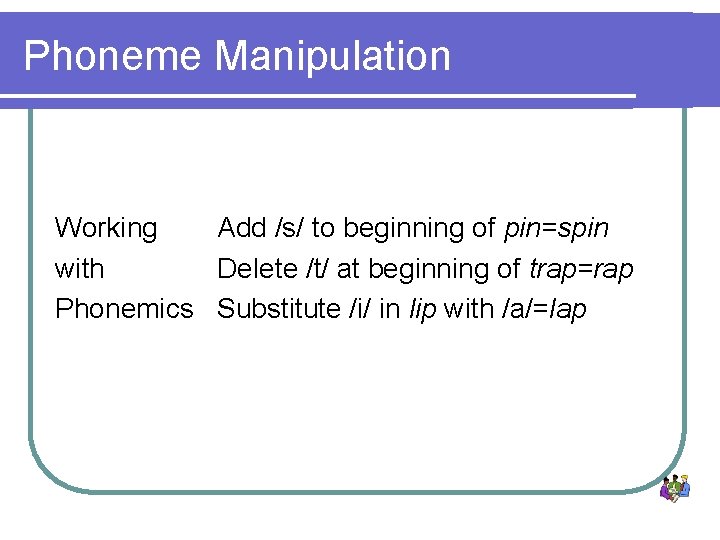 Phoneme Manipulation Working Add /s/ to beginning of pin=spin with Delete /t/ at beginning