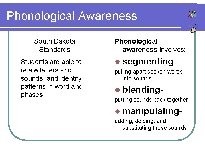 Phonological Awareness South Dakota Standards Students are able to relate letters and sounds, and