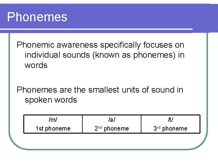 Phonemes Phonemic awareness specifically focuses on individual sounds (known as phonemes) in words Phonemes Phonemes Phonemic awareness specifically focuses on individual sounds (known as phonemes) in words Phonemes