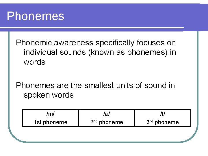 Phonemes Phonemic awareness specifically focuses on individual sounds (known as phonemes) in words Phonemes