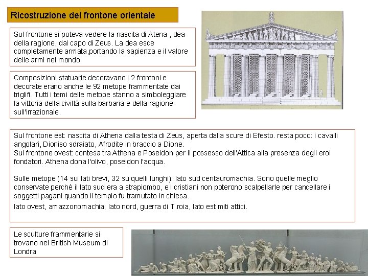 Ricostruzione del frontone orientale Sul frontone si poteva vedere la nascita di Atena ,