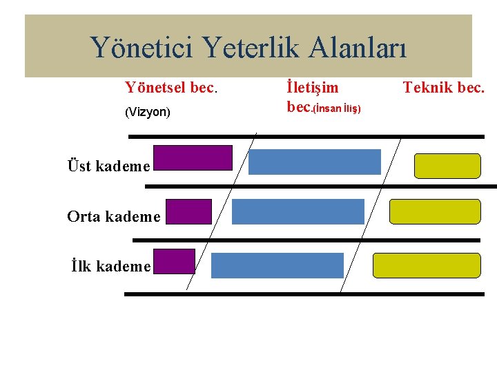 Yönetici Yeterlik Alanları Yönetsel bec. (Vizyon) Üst kademe Orta kademe İlk kademe İletişim bec.