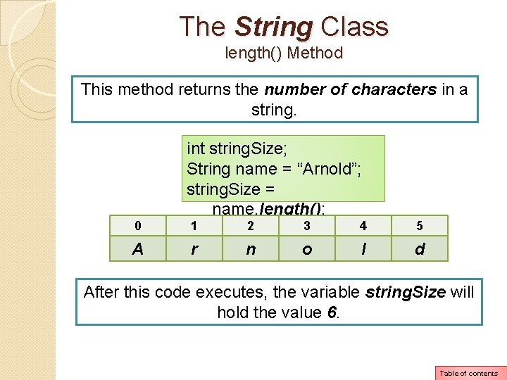 The String Class length() Method This method returns the number of characters in a The String Class length() Method This method returns the number of characters in a