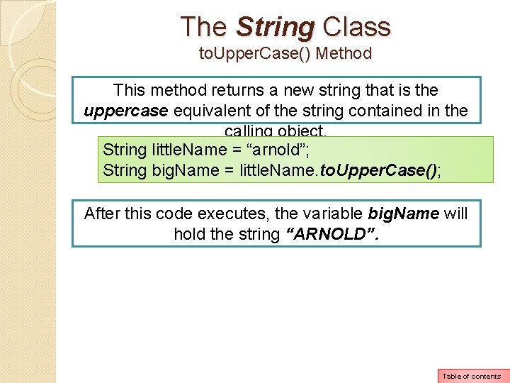 The String Class to. Upper. Case() Method This method returns a new string that The String Class to. Upper. Case() Method This method returns a new string that