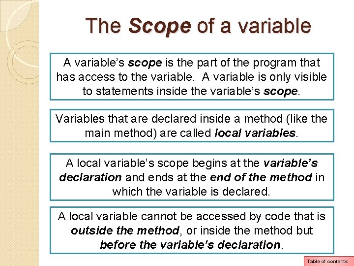 The Scope of a variable A variable’s scope is the part of the program The Scope of a variable A variable’s scope is the part of the program