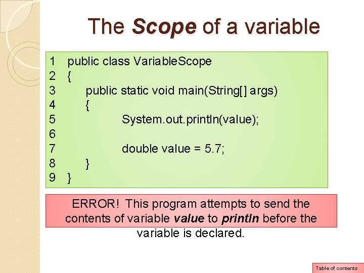 The Scope of a variable 1 public class Variable. Scope 2 { 3 public The Scope of a variable 1 public class Variable. Scope 2 { 3 public