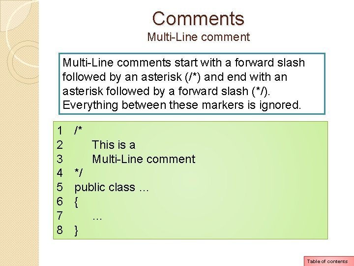 Comments Multi-Line comments start with a forward slash followed by an asterisk (/*) and Comments Multi-Line comments start with a forward slash followed by an asterisk (/*) and