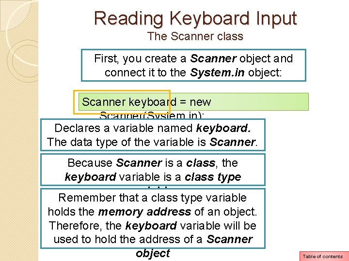 Reading Keyboard Input The Scanner class First, you create a Scanner object and connect Reading Keyboard Input The Scanner class First, you create a Scanner object and connect