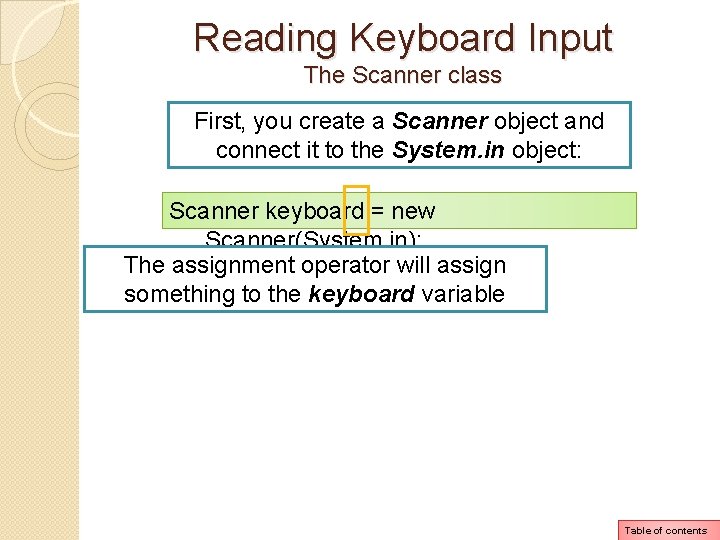 Reading Keyboard Input The Scanner class First, you create a Scanner object and connect Reading Keyboard Input The Scanner class First, you create a Scanner object and connect