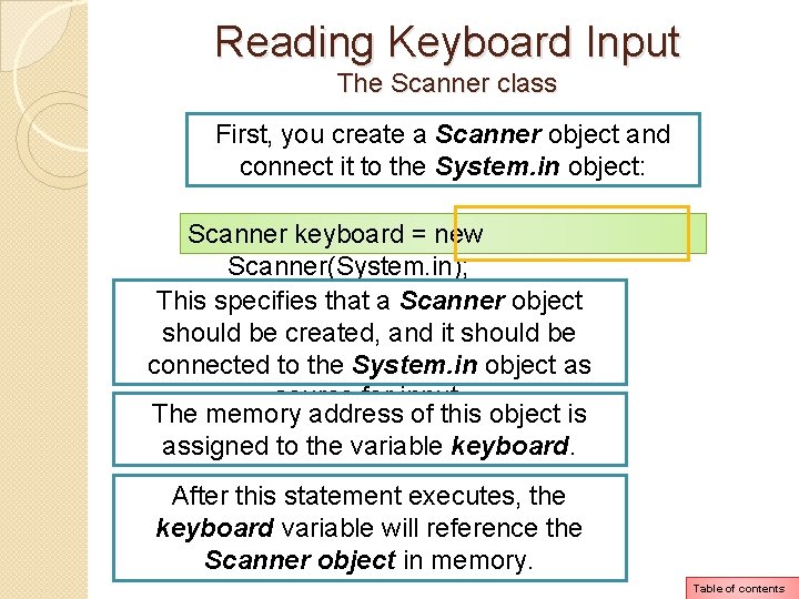 Reading Keyboard Input The Scanner class First, you create a Scanner object and connect Reading Keyboard Input The Scanner class First, you create a Scanner object and connect