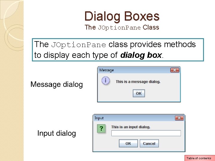 Dialog Boxes The JOption. Pane Class The JOption. Pane class provides methods to display Dialog Boxes The JOption. Pane Class The JOption. Pane class provides methods to display
