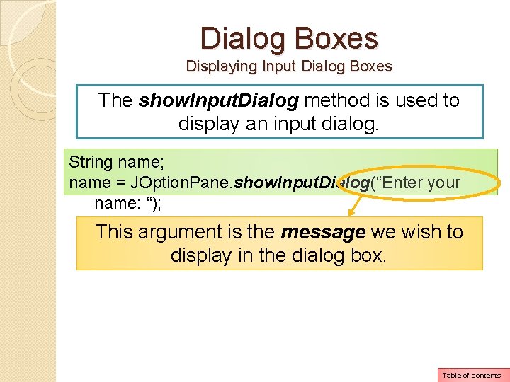 Dialog Boxes Displaying Input Dialog Boxes The show. Input. Dialog method is used to Dialog Boxes Displaying Input Dialog Boxes The show. Input. Dialog method is used to