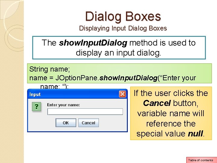 Dialog Boxes Displaying Input Dialog Boxes The show. Input. Dialog method is used to Dialog Boxes Displaying Input Dialog Boxes The show. Input. Dialog method is used to