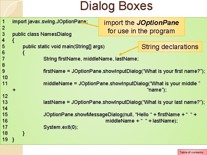 Dialog Boxes 1 import javax. swing. JOption. Pane; import the JOption. Pane 2 for Dialog Boxes 1 import javax. swing. JOption. Pane; import the JOption. Pane 2 for