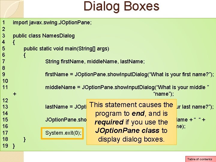 Dialog Boxes 1 import javax. swing. JOption. Pane; 2 3 public class Names. Dialog Dialog Boxes 1 import javax. swing. JOption. Pane; 2 3 public class Names. Dialog