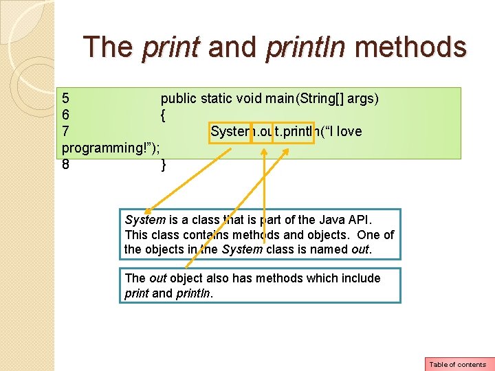 The print and println methods 5 public static void main(String[] args) 6 { 7