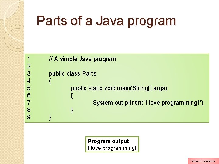 Parts of a Java program 1 2 3 4 5 6 7 8 9 Parts of a Java program 1 2 3 4 5 6 7 8 9