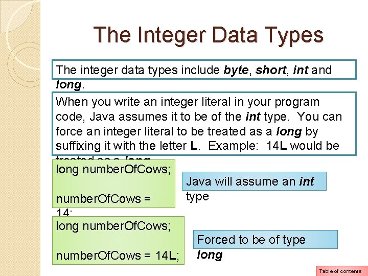 The Integer Data Types The integer data types include byte, short, int and long. The Integer Data Types The integer data types include byte, short, int and long.