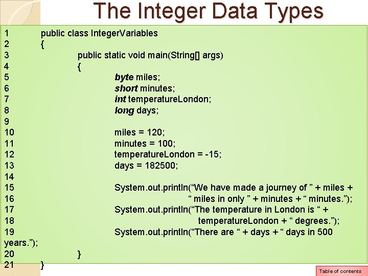 The Integer Data Types 1 public class Integer. Variables 2 { 3 public static The Integer Data Types 1 public class Integer. Variables 2 { 3 public static