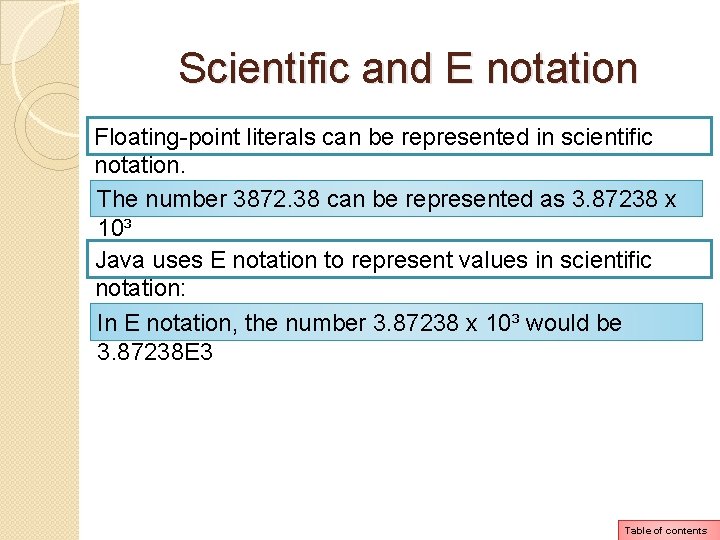 Scientific and E notation Floating-point literals can be represented in scientific notation. The number Scientific and E notation Floating-point literals can be represented in scientific notation. The number