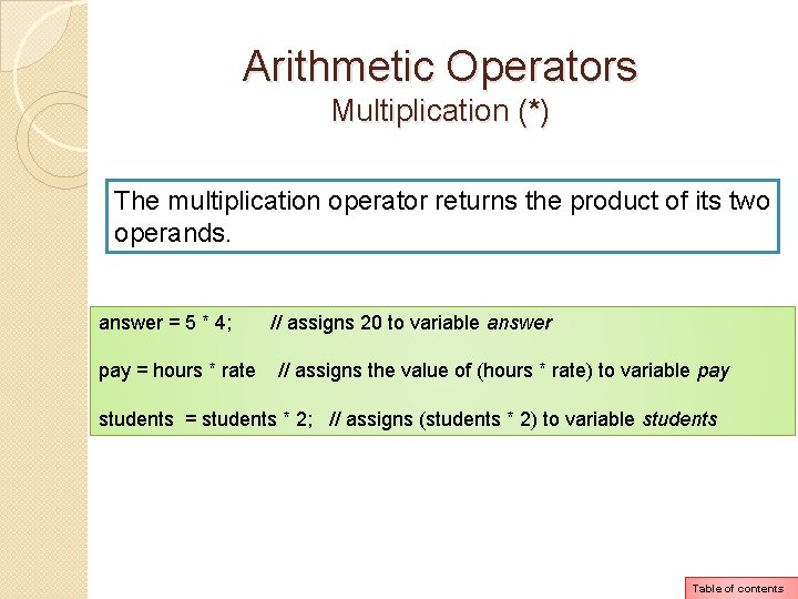 Arithmetic Operators Multiplication (*) The multiplication operator returns the product of its two operands. Arithmetic Operators Multiplication (*) The multiplication operator returns the product of its two operands.