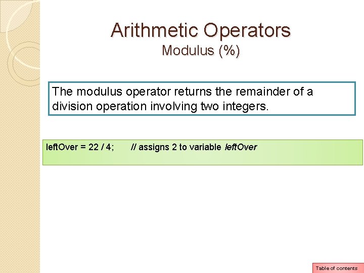 Arithmetic Operators Modulus (%) The modulus operator returns the remainder of a division operation Arithmetic Operators Modulus (%) The modulus operator returns the remainder of a division operation