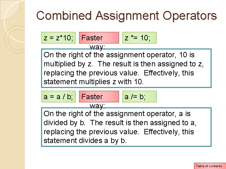 Combined Assignment Operators z = z*10; Faster z *= 10; way: On the right Combined Assignment Operators z = z*10; Faster z *= 10; way: On the right