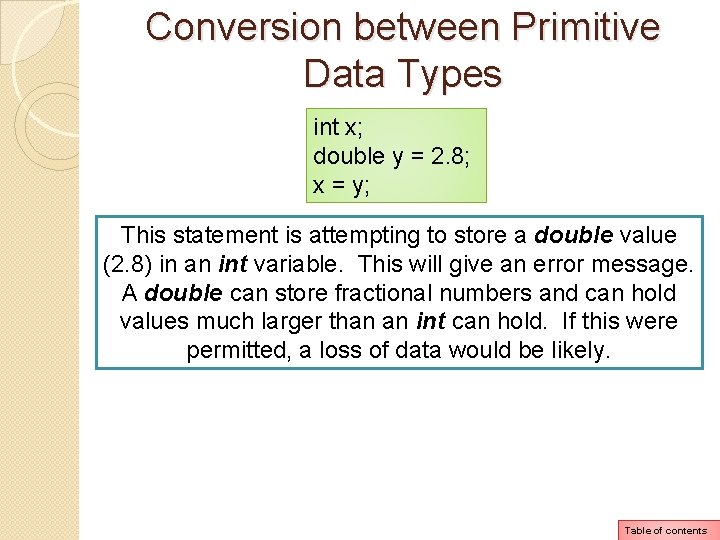 Conversion between Primitive Data Types int x; double y = 2. 8; x = Conversion between Primitive Data Types int x; double y = 2. 8; x =