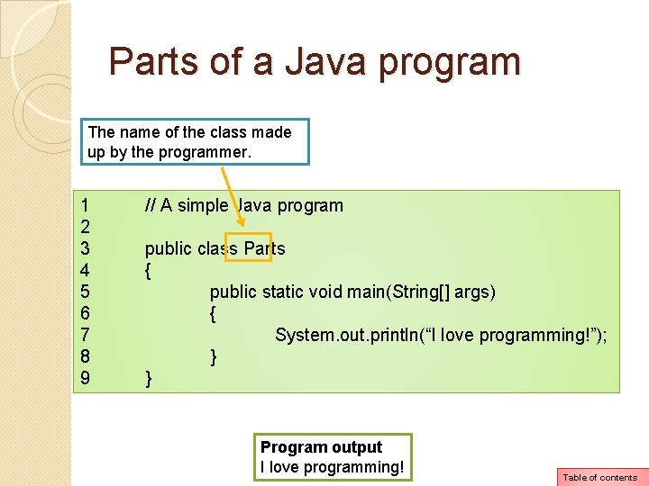 Parts of a Java program The name of the class made up by the Parts of a Java program The name of the class made up by the