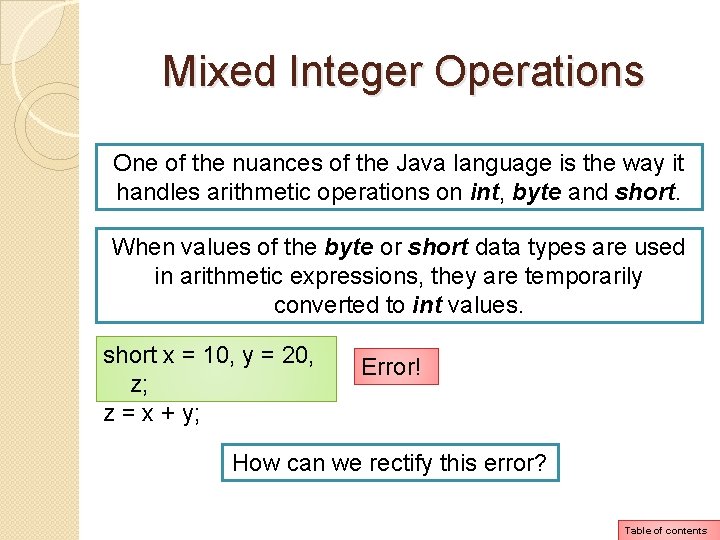 Mixed Integer Operations One of the nuances of the Java language is the way Mixed Integer Operations One of the nuances of the Java language is the way