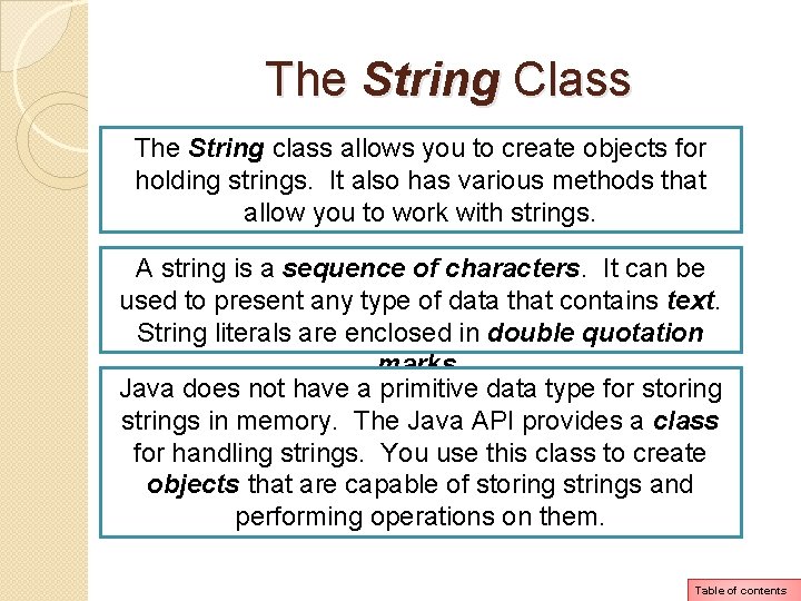 The String Class The String class allows you to create objects for holding strings. The String Class The String class allows you to create objects for holding strings.