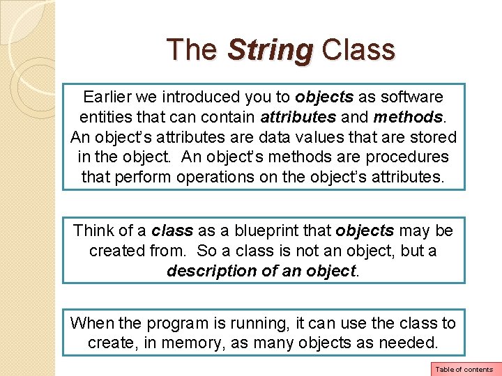 The String Class Earlier we introduced you to objects as software entities that can The String Class Earlier we introduced you to objects as software entities that can
