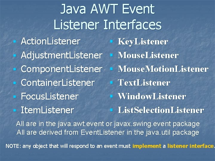 Java AWT Event Listener Interfaces § § § Action. Listener Adjustment. Listener Component. Listener