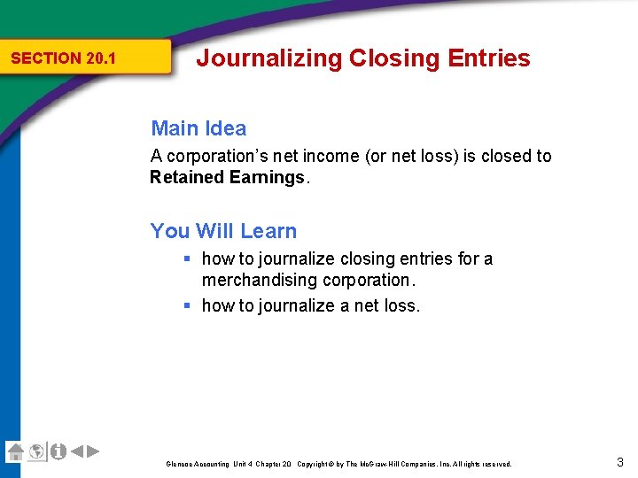 SECTION 20. 1 Journalizing Closing Entries Main Idea A corporation’s net income (or net