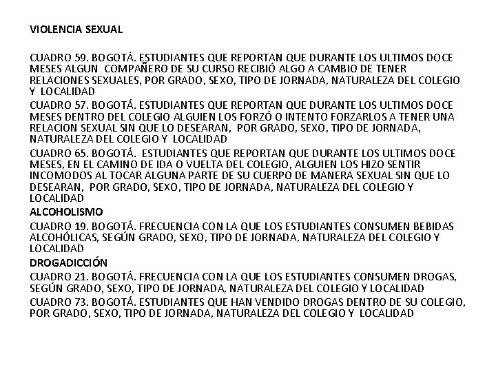 VIOLENCIA SEXUAL CUADRO 59. BOGOTÁ. ESTUDIANTES QUE REPORTAN QUE DURANTE LOS ULTIMOS DOCE MESES