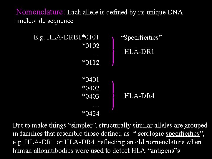 Nomenclature: Each allele is defined by its unique DNA nucleotide sequence E. g. HLA-DRB