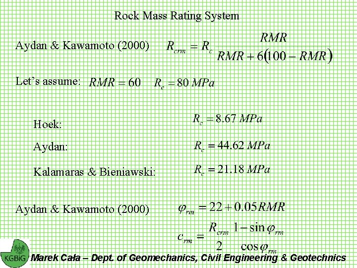 Rock Mass Rating System Aydan & Kawamoto (2000) Let’s assume: Hoek: Aydan: Kalamaras &